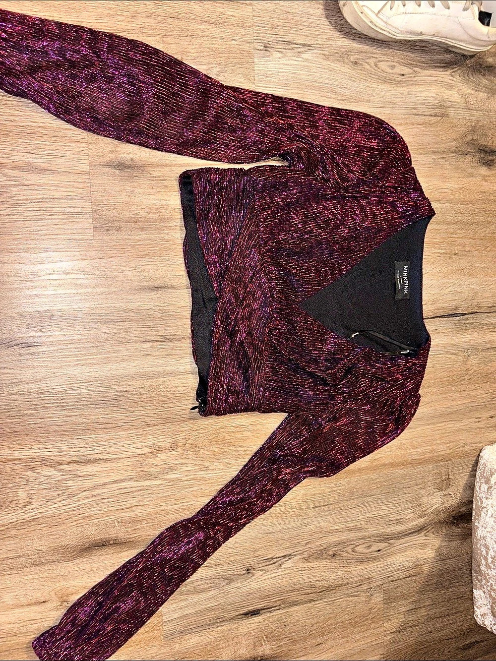 MINKPINK Metallic Long Sleeve Crop Top in Burgundy Like New